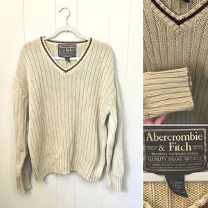 Abercrombie & Fitch VNeck Sweater VTG 90s 100% Cotton Tan Maroon Collegiate XL